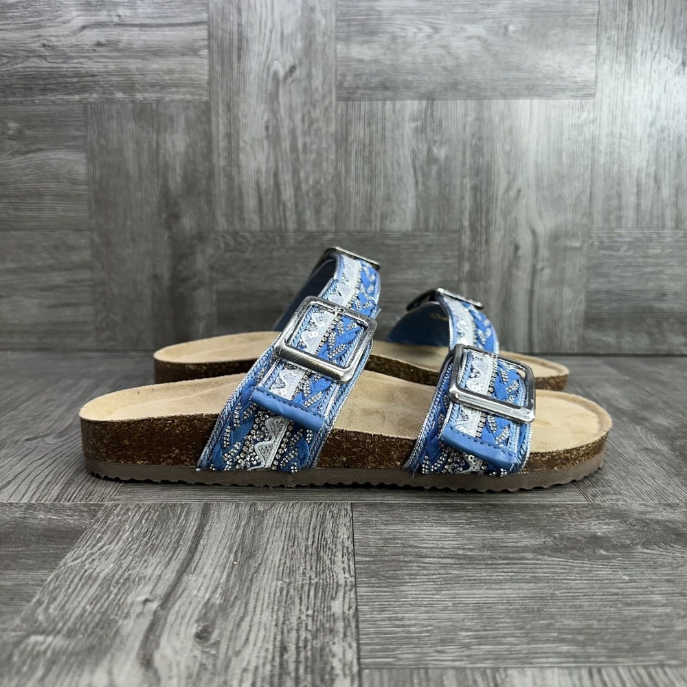 Madden Girl Sandals Women Size 7 Blue Boho Embroidered Sequin Cork Slides NEW